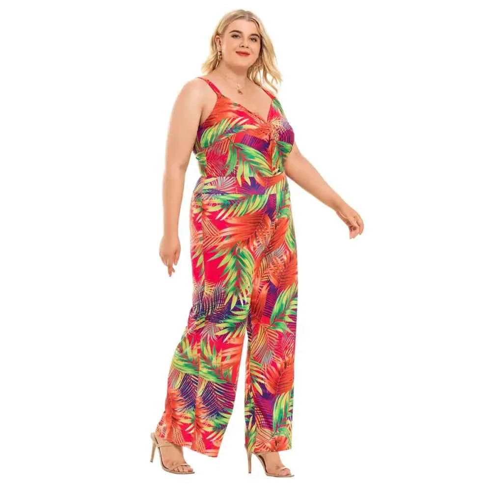 Plus Size Boho Floral Jumpsuit - Sleeveless V-Neck & Wide Leg