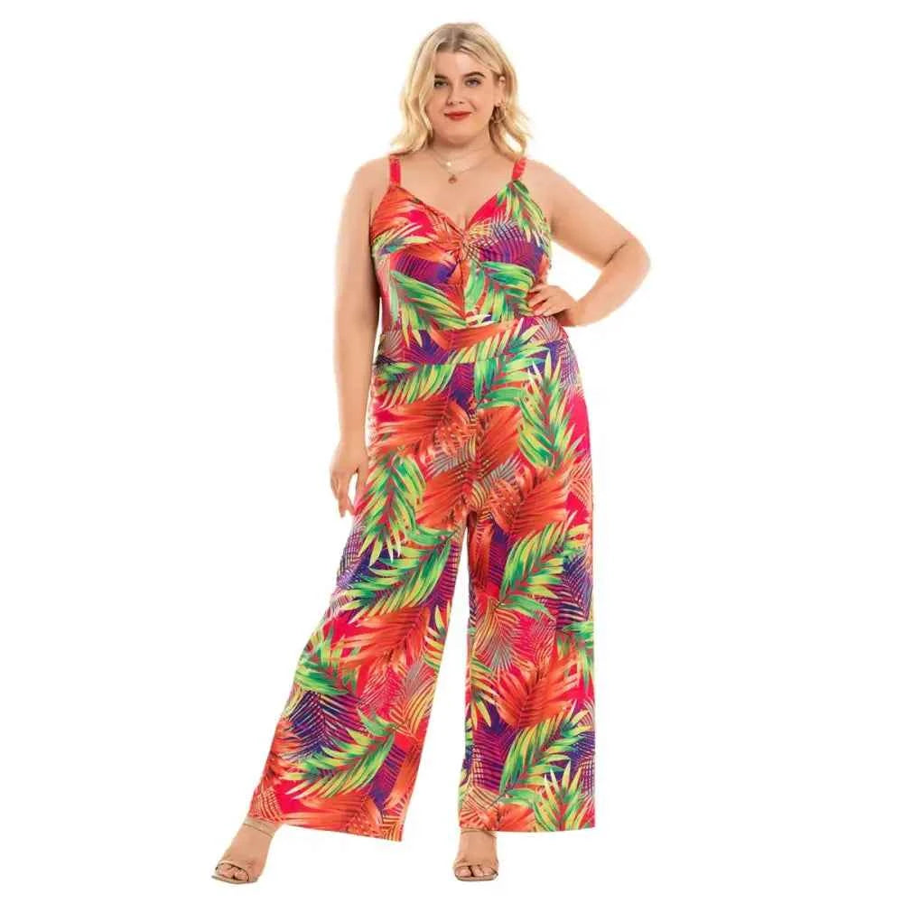 Plus Size Boho Floral Jumpsuit - Sleeveless V-Neck & Wide Leg